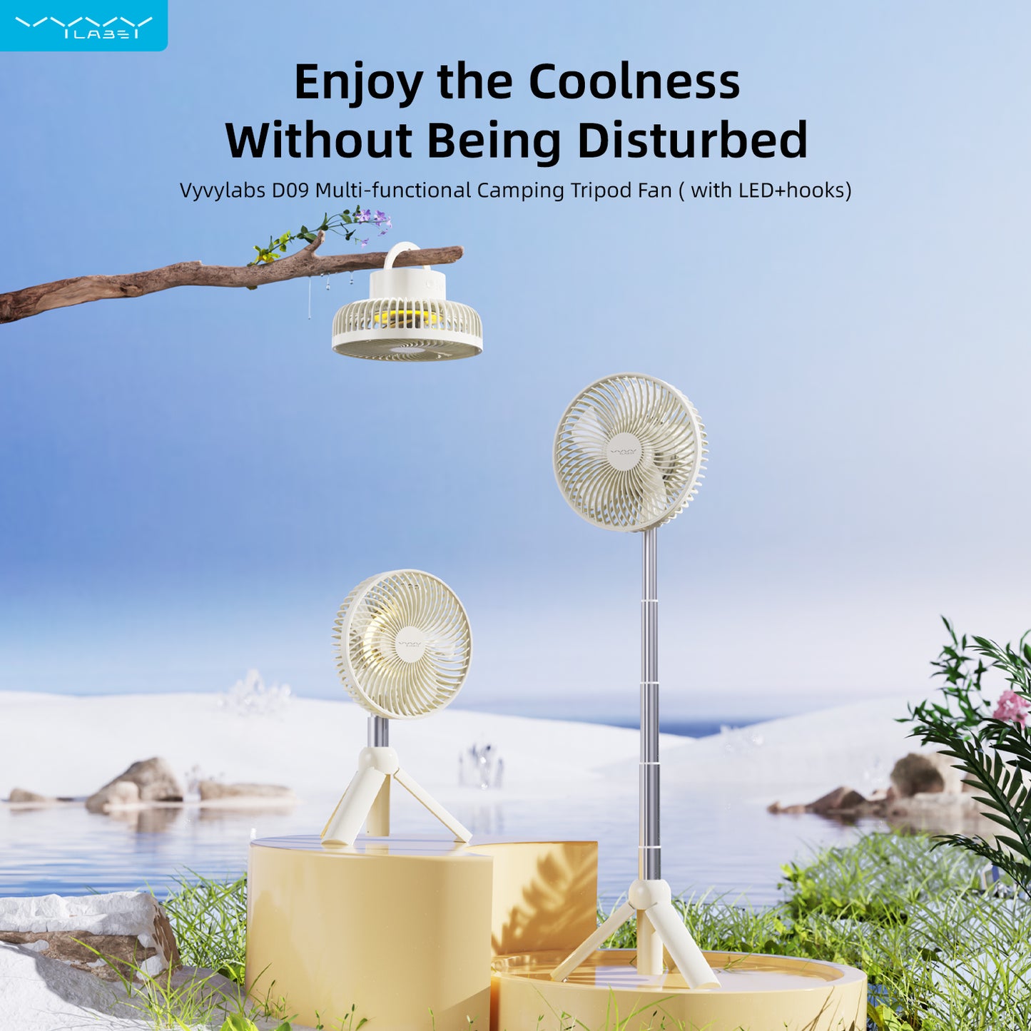 Vyvylabs D09 Multi-functional Camping Tripod Fan with LED & Hooks